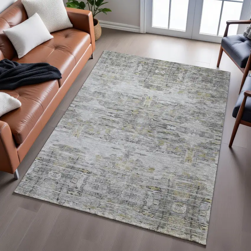 Gray Silver And Gold Abstract Washable Area Rug With UV Protection Photo 5