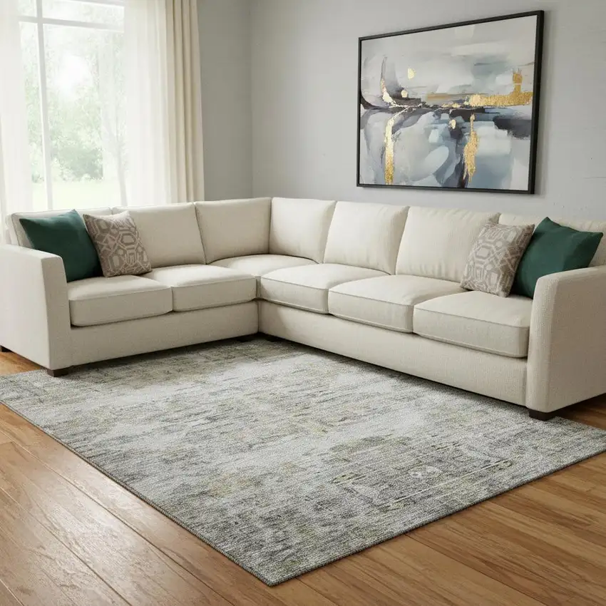 Gray Silver And Gold Abstract Washable Area Rug With UV Protection Photo 2