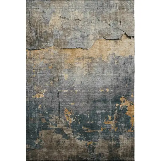 Gray Silver And Gold Abstract Washable Area Rug With UV Protection Photo 2