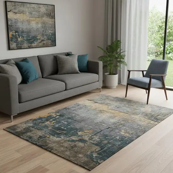 Gray Silver And Gold Abstract Washable Area Rug With UV Protection Photo 2