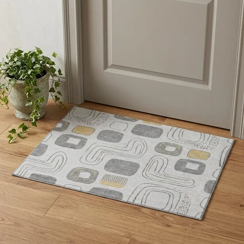 Gray Silver And Gold Geometric Washable Area Rug With UV Protection Photo 1