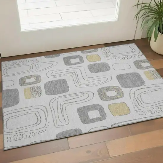 Gray Silver And Gold Geometric Washable Area Rug With UV Protection Photo 2