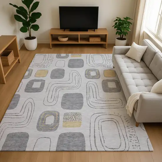 Gray Silver And Gold Geometric Washable Area Rug With UV Protection Photo 4