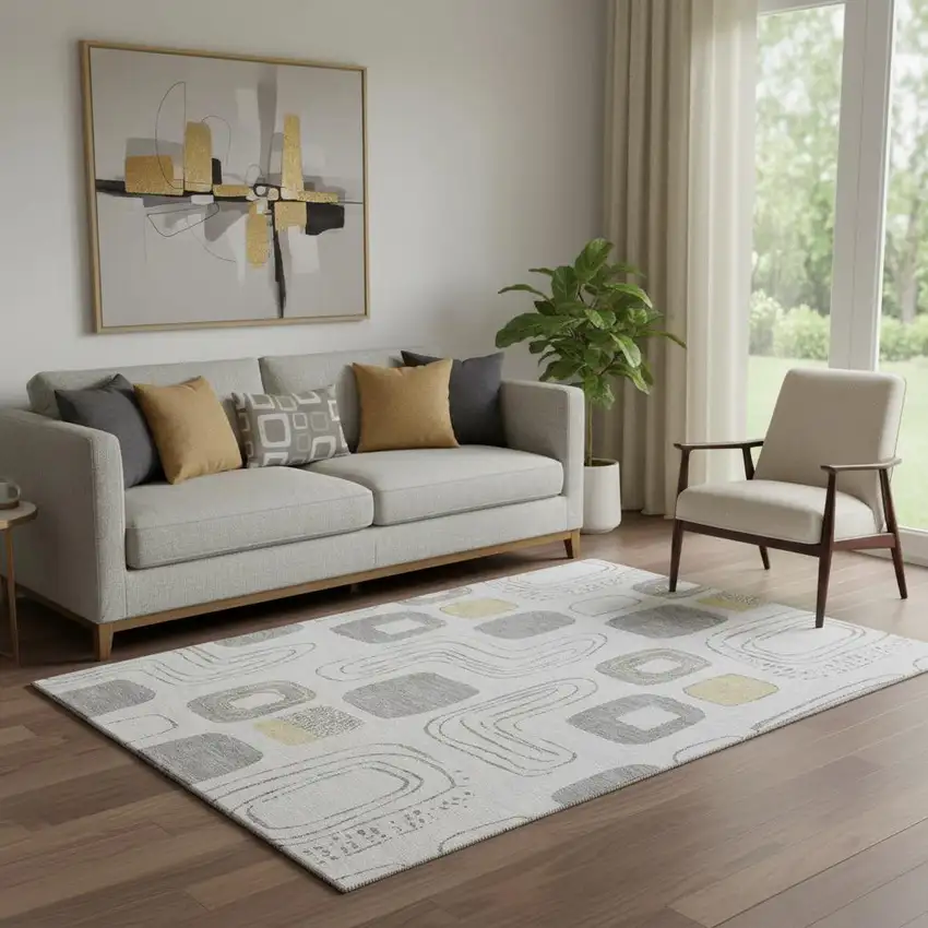 Gray Silver And Gold Geometric Washable Area Rug With UV Protection Photo 1