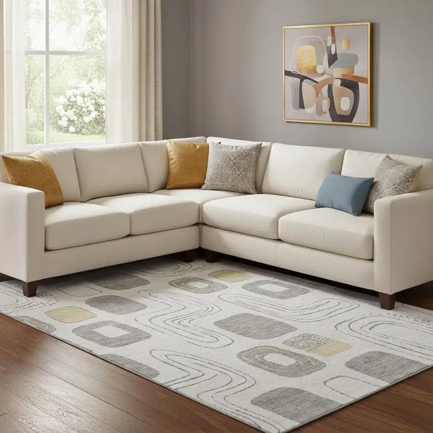 Gray Silver And Gold Geometric Washable Area Rug With UV Protection Photo 2