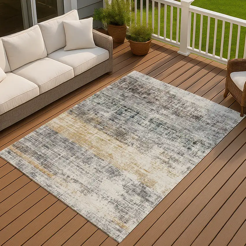 Gray Silver And Gold Striped Washable Indoor Outdoor Area Rug Photo 3