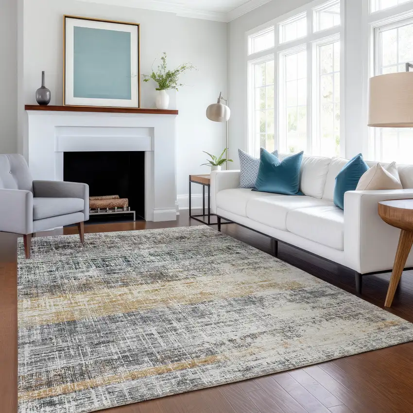 Gray Silver And Gold Striped Washable Indoor Outdoor Area Rug Photo 6