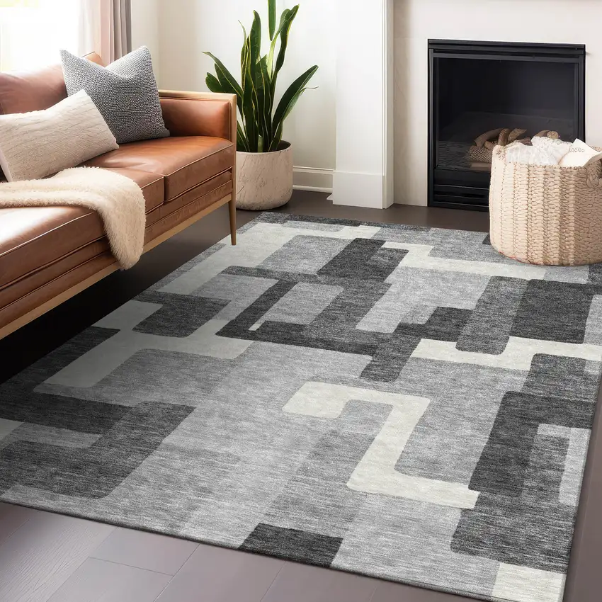 Gray Silver And Ivory Abstract Geometric Washable Area Rug With UV Protection Photo 6