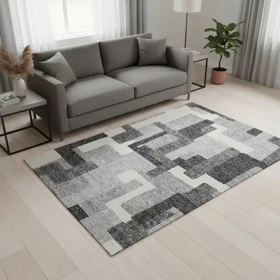 Gray Silver And Ivory Abstract Geometric Washable Area Rug With UV Protection Photo 2