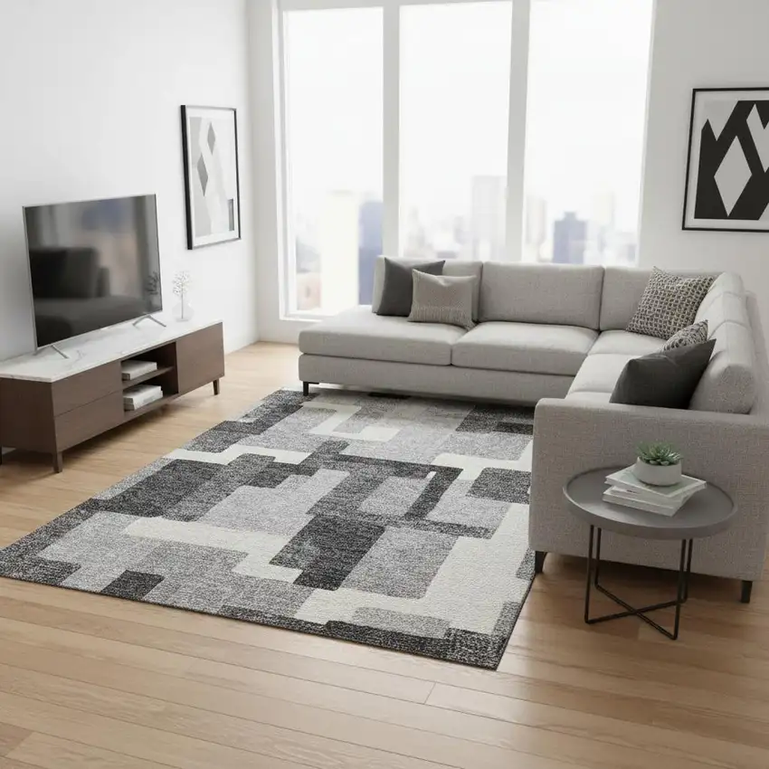 Gray Silver And Ivory Abstract Geometric Washable Area Rug With UV Protection Photo 2