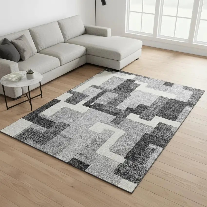 Gray Silver And Ivory Abstract Geometric Washable Area Rug With UV Protection Photo 2