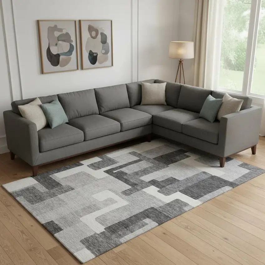 Gray Silver And Ivory Abstract Geometric Washable Area Rug With UV Protection Photo 1