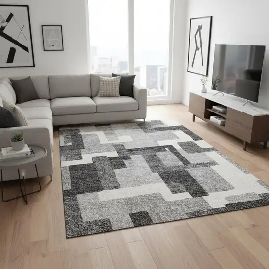 Gray Silver And Ivory Abstract Geometric Washable Area Rug With UV Protection Photo 2