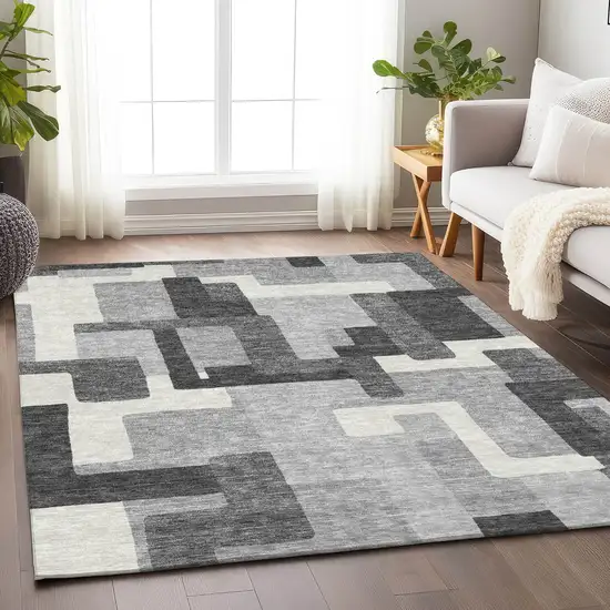 Gray Silver And Ivory Abstract Geometric Washable Area Rug With UV Protection Photo 5