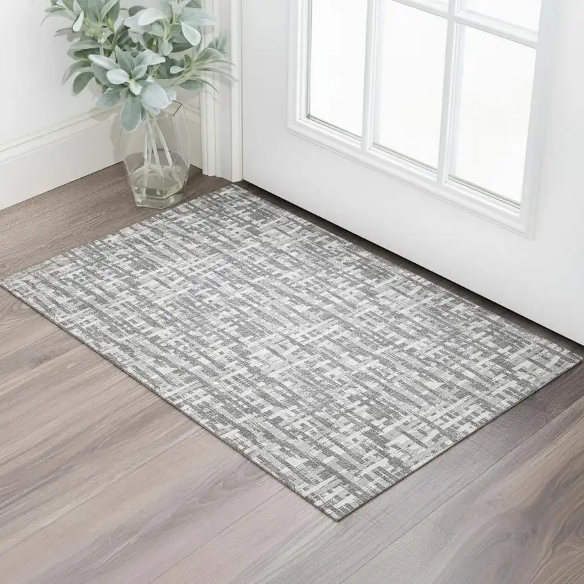 Gray Silver And Ivory Abstract Geometric Washable Area Rug With UV Protection Photo 2
