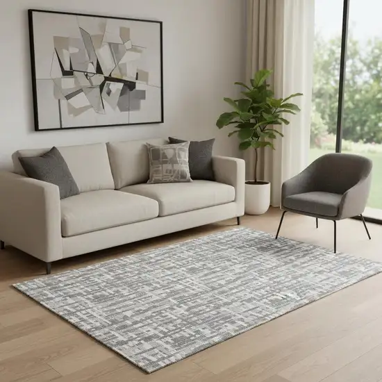 Gray Silver And Ivory Abstract Geometric Washable Area Rug With UV Protection Photo 2