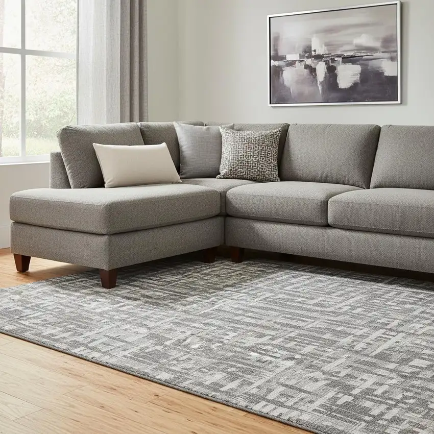 Gray Silver And Ivory Abstract Geometric Washable Area Rug With UV Protection Photo 2