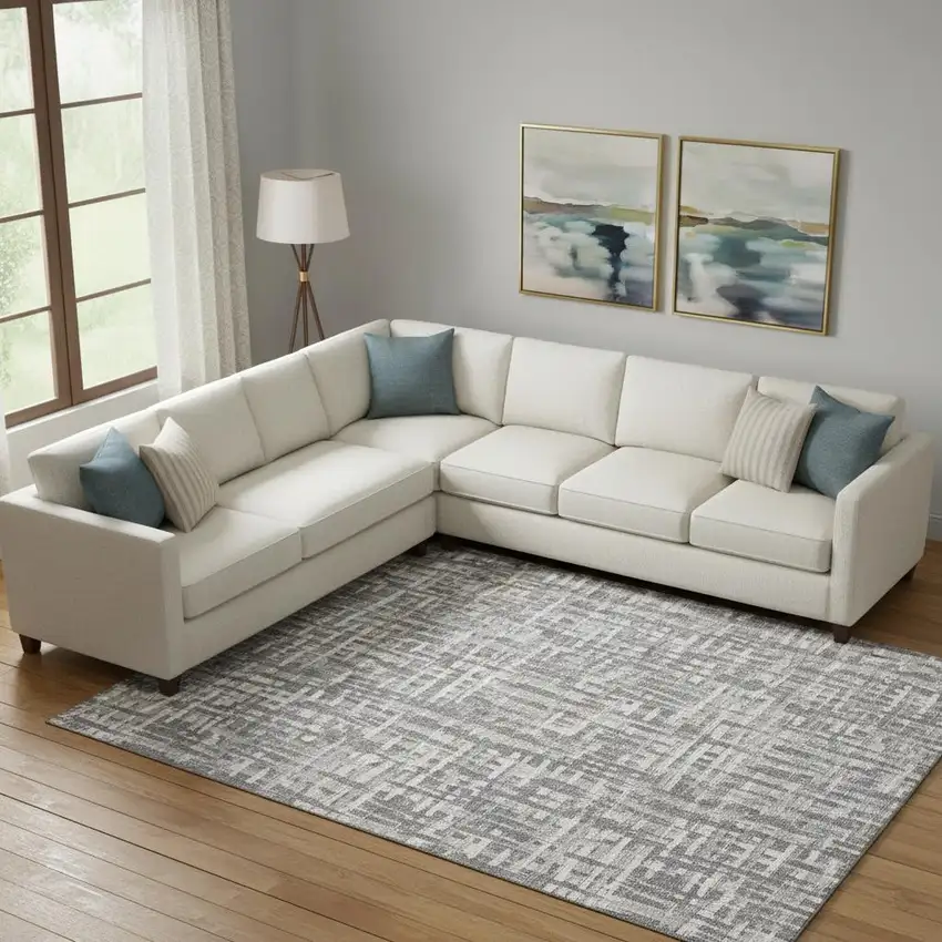 Gray Silver And Ivory Abstract Geometric Washable Area Rug With UV Protection Photo 2