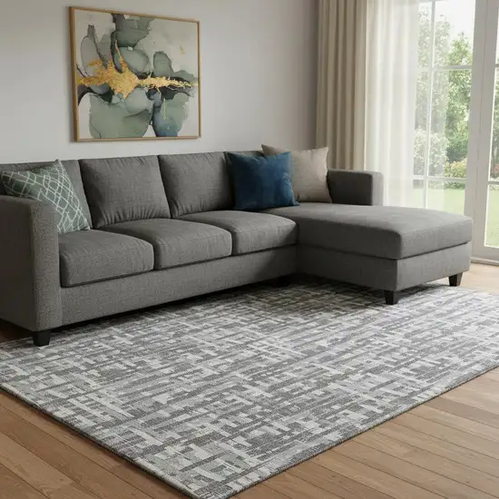 Gray Silver And Ivory Abstract Geometric Washable Area Rug With UV Protection Photo 2