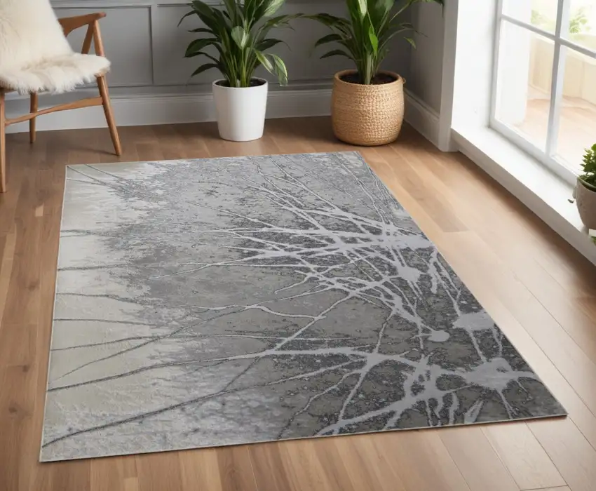 Gray and Ivory Abstract Power Loom Non Skid Area Rug Photo 1