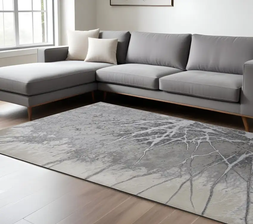 Gray and Ivory Abstract Power Loom Non Skid Area Rug Photo 1