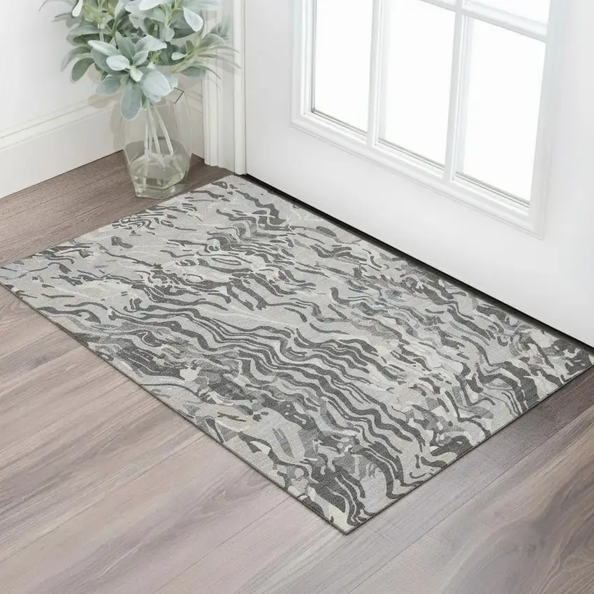 Gray Silver And Ivory Abstract Washable Area Rug With UV Protection Photo 2