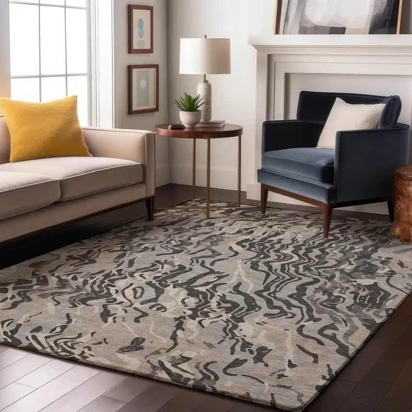 Gray Silver And Ivory Abstract Washable Area Rug With UV Protection Photo 4