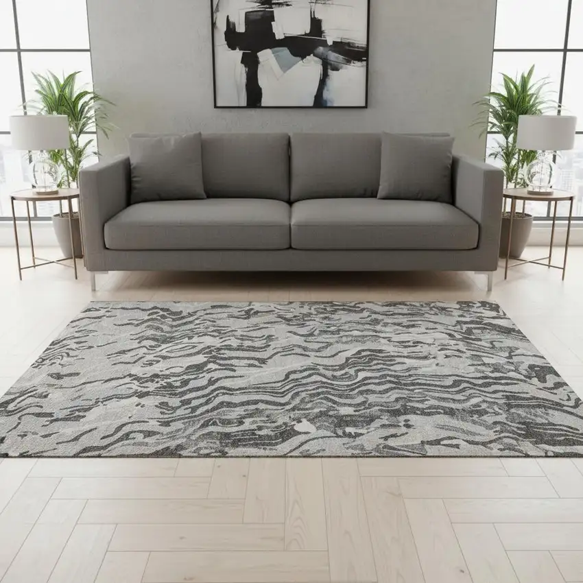Gray Silver And Ivory Abstract Washable Area Rug With UV Protection Photo 2