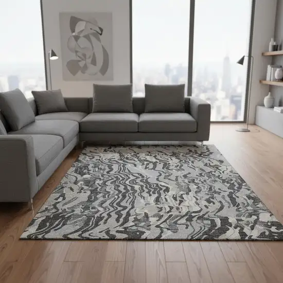 Gray Silver And Ivory Abstract Washable Area Rug With UV Protection Photo 2