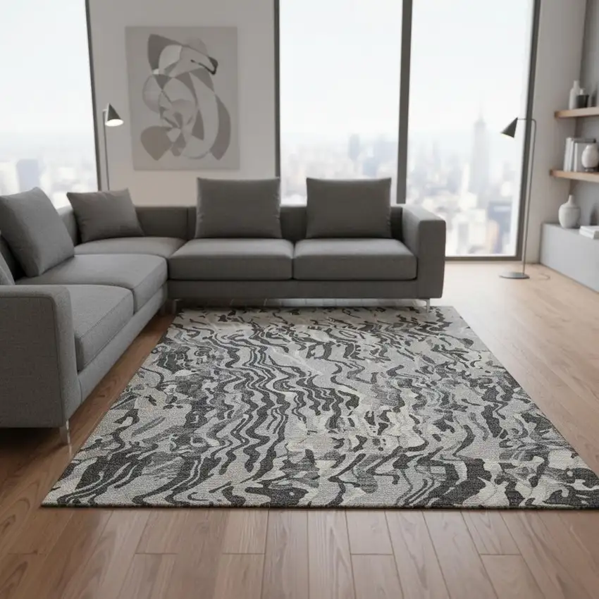 Gray Silver And Ivory Abstract Washable Area Rug With UV Protection Photo 2