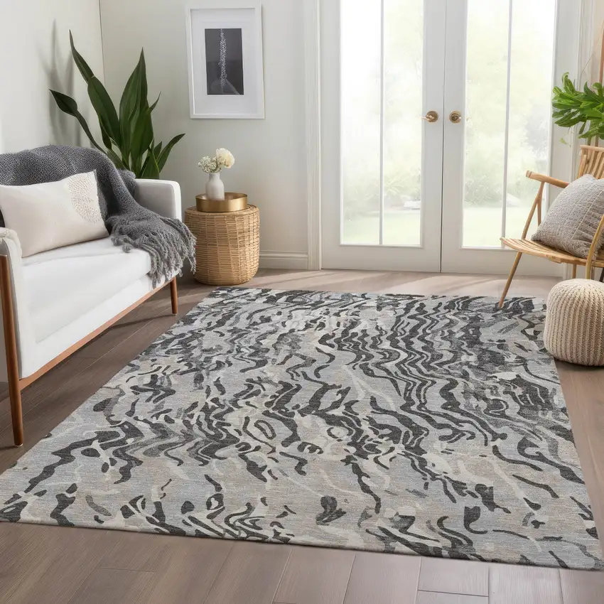 Gray Silver And Ivory Abstract Washable Area Rug With UV Protection Photo 5