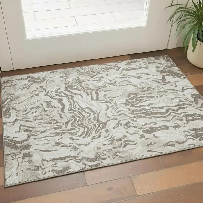 Gray Silver And Ivory Abstract Washable Area Rug With UV Protection Photo 2