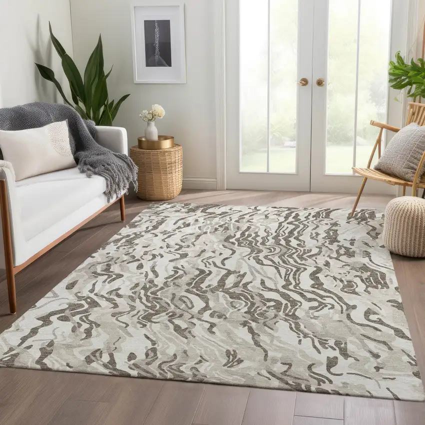 Gray Silver And Ivory Abstract Washable Area Rug With UV Protection Photo 5
