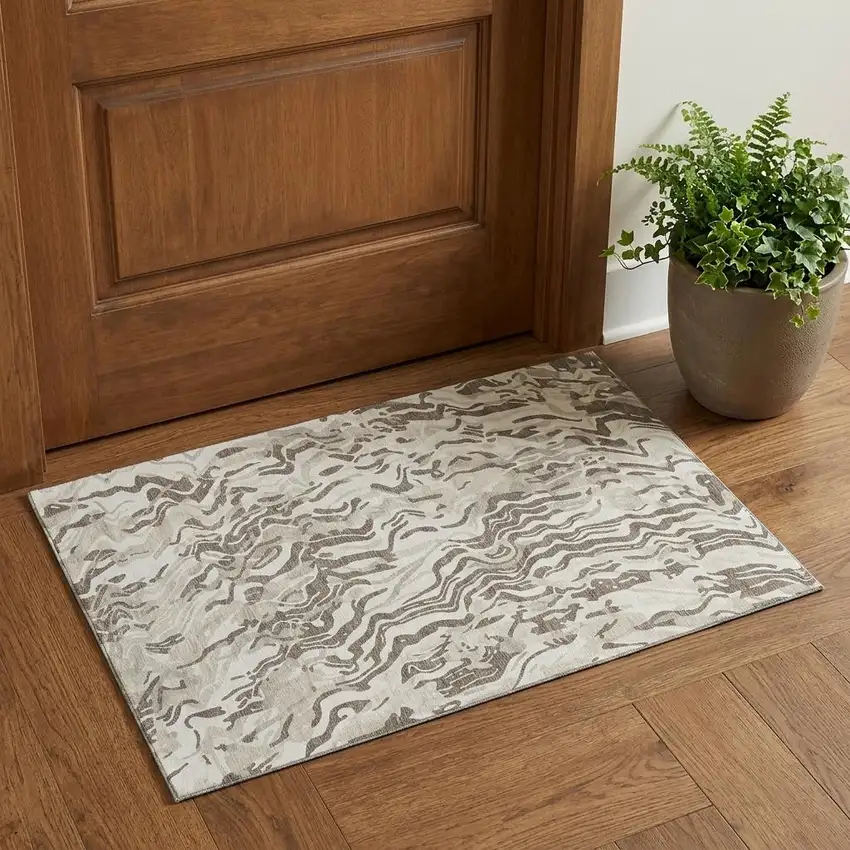 Gray Silver And Ivory Abstract Washable Area Rug With UV Protection Photo 1