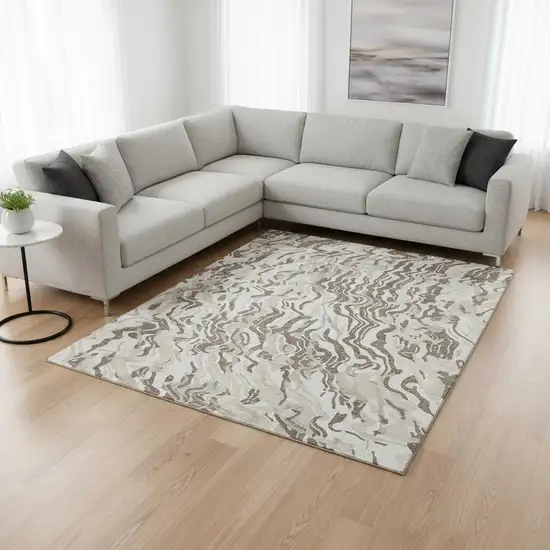 Gray Silver And Ivory Abstract Washable Area Rug With UV Protection Photo 2