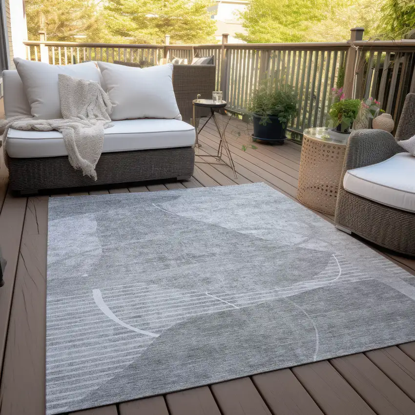 Gray Silver And Ivory Abstract Washable Indoor Outdoor Area Rug Photo 8