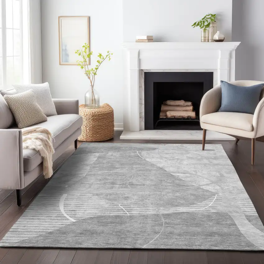 Gray Silver And Ivory Abstract Washable Indoor Outdoor Area Rug Photo 9