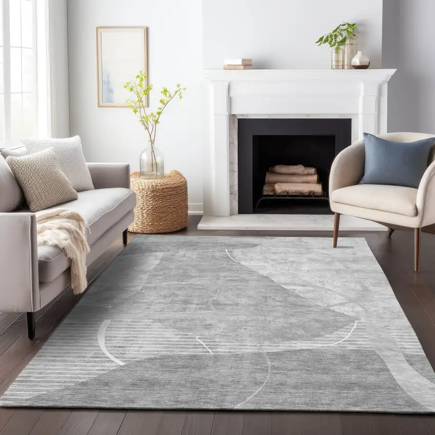 Gray Silver And Ivory Abstract Washable Indoor Outdoor Area Rug Photo 9