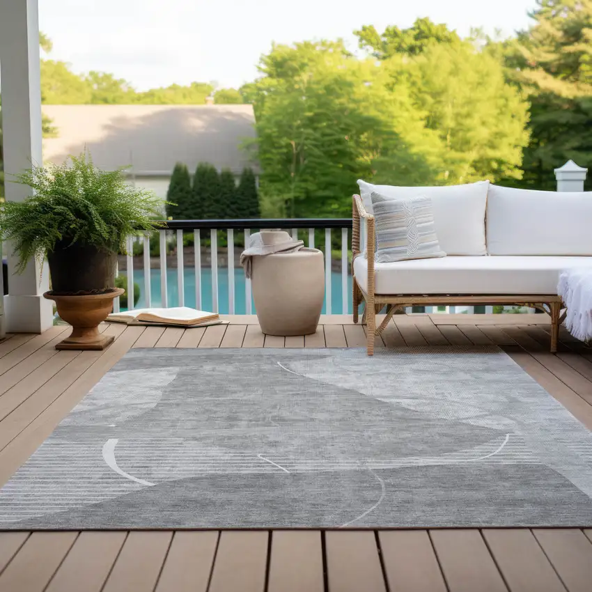 Gray Silver And Ivory Abstract Washable Indoor Outdoor Area Rug Photo 9