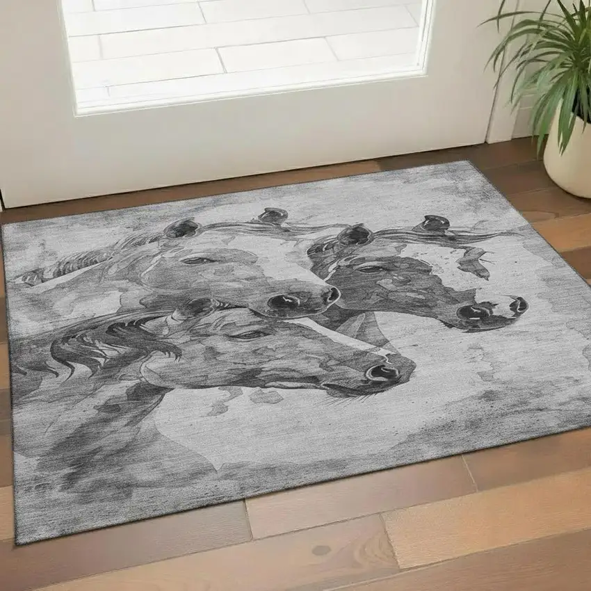 Gray Silver And Ivory Animal Print Washable Area Rug With UV Protection Photo 2