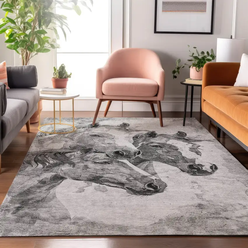 Gray Silver And Ivory Animal Print Washable Area Rug With UV Protection Photo 5