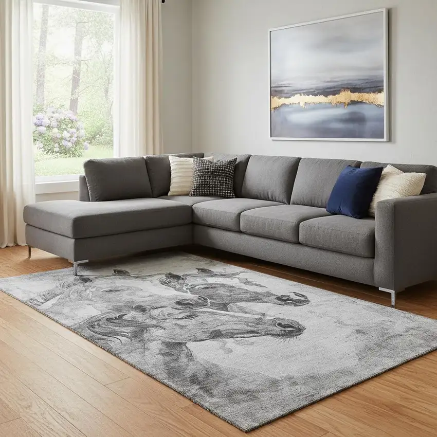 Gray Silver And Ivory Animal Print Washable Area Rug With UV Protection Photo 2