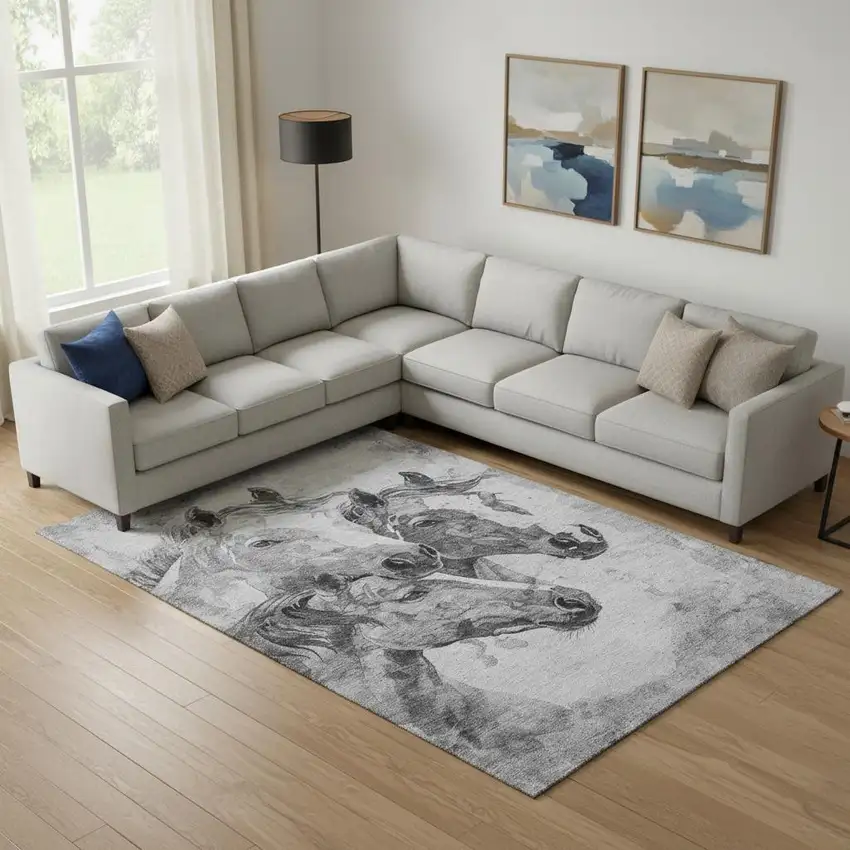 Gray Silver And Ivory Animal Print Washable Area Rug With UV Protection Photo 2