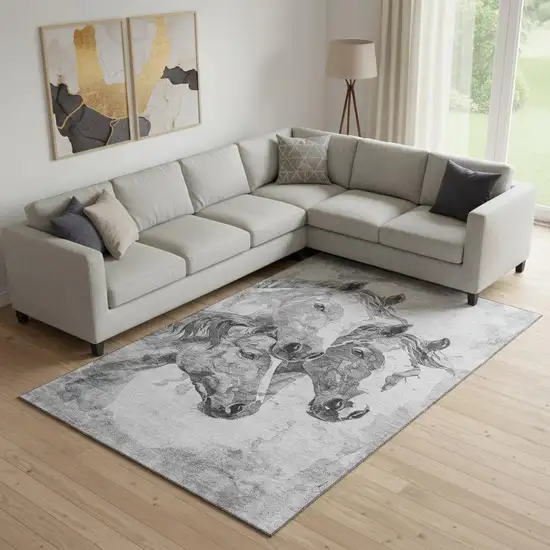 Gray Silver And Ivory Animal Print Washable Area Rug With UV Protection Photo 2