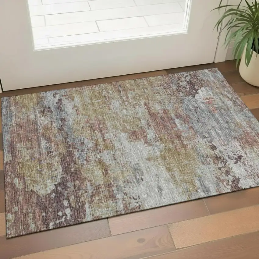 Gray Silver And Ivory Animal Print Washable Area Rug With UV Protection Photo 2