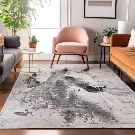 Gray Silver And Ivory Animal Print Washable Area Rug With UV Protection Photo 6