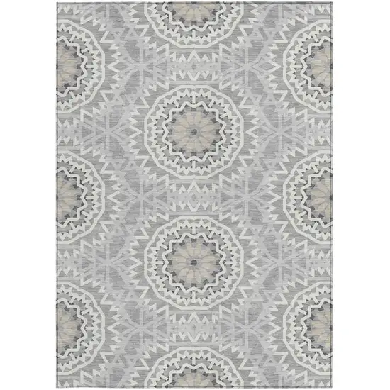 Gray Silver And Ivory Floral Medallion Washable Indoor Outdoor Area Rug Photo 5