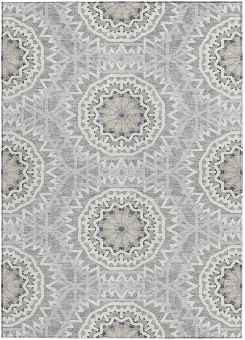 Gray Silver And Ivory Floral Medallion Washable Indoor Outdoor Area Rug Photo 5