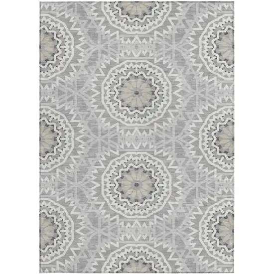 Gray Silver And Ivory Floral Medallion Washable Indoor Outdoor Area Rug Photo 5