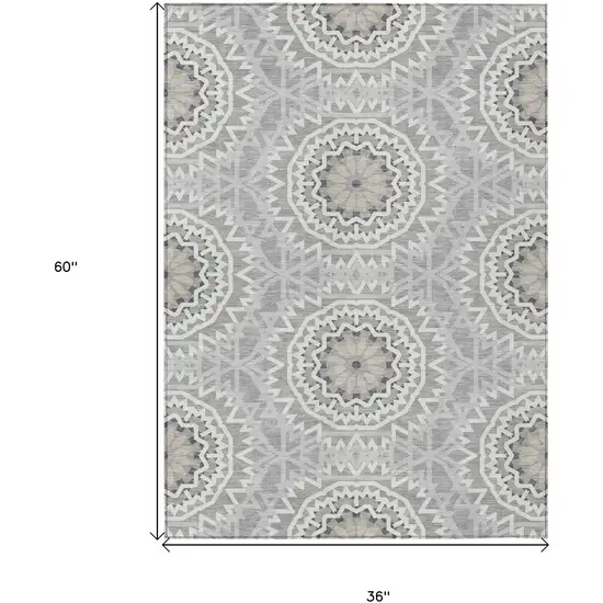 Gray Silver And Ivory Floral Medallion Washable Indoor Outdoor Area Rug Photo 3